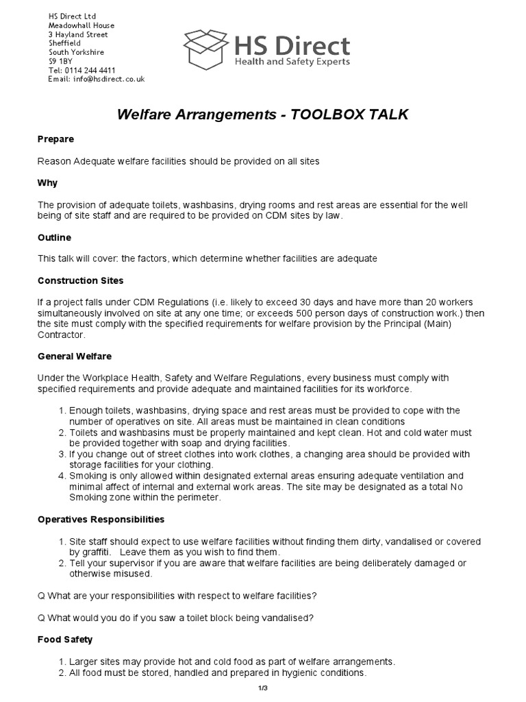 Toolbox Talks Welfare On Site PDF Occupational Safety And Health Foods