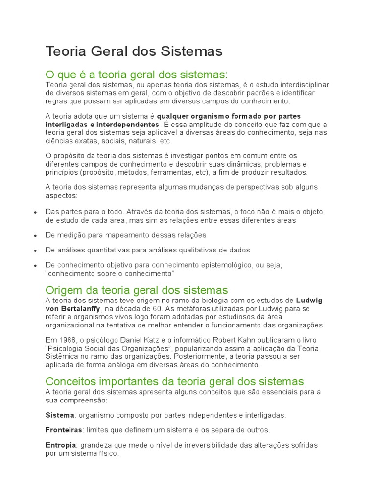 Teoria Geral dos Sistemas: Conceitos e Aplicações | PDF | Sistema de ...