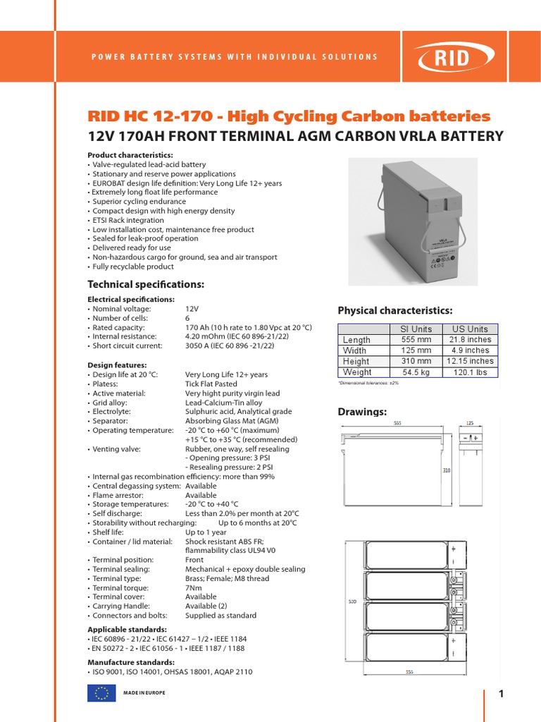 HC 12-170 Battery Datasheet | PDF | Chemistry | Galvanic Cells
