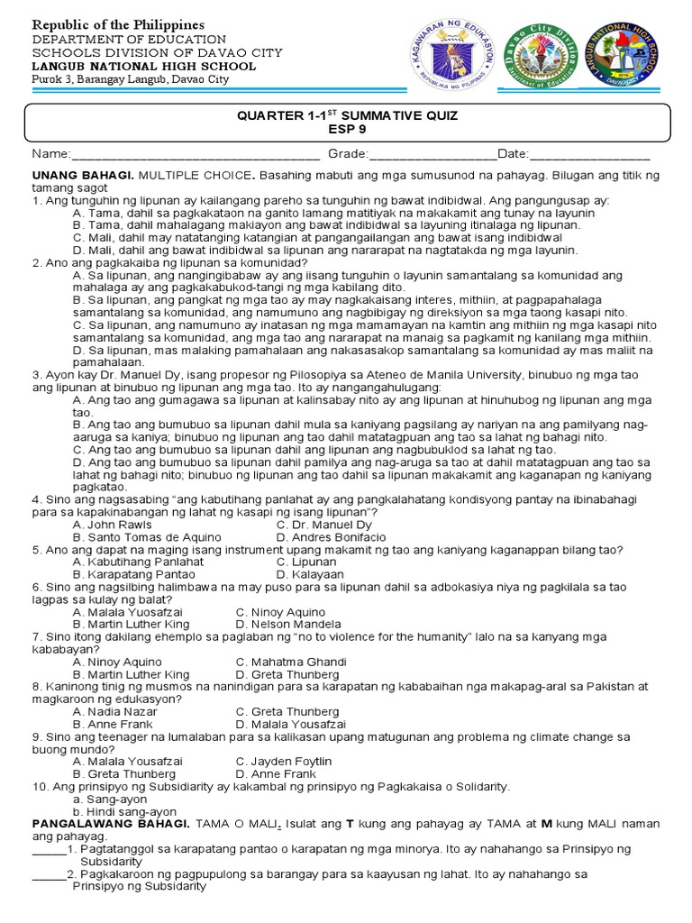 G9 1ST Summative Test | PDF