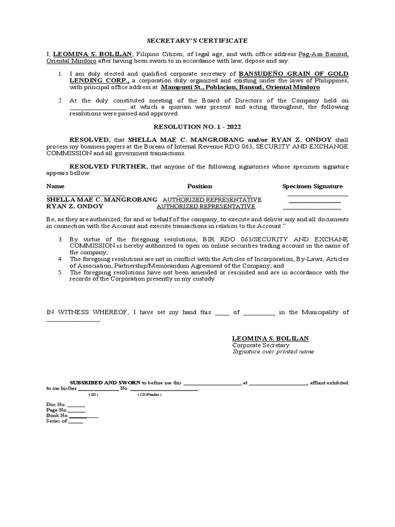 Corporate Resolution Authorization | PDF | Government | Justice