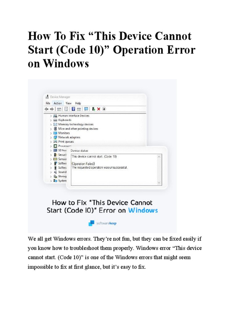 How To Fix "This Device Cannot Start (Code 10) " Operation Error On