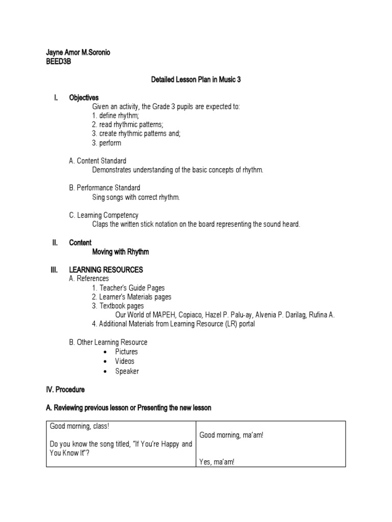 Detailed Lesson Plan in Music 3 PDF Rhythm Lesson Plan