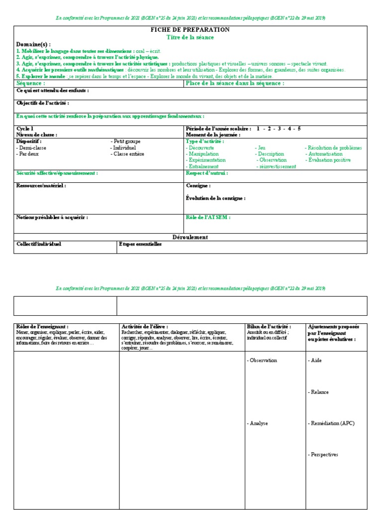 Fiche de Preparation Modele Vierge Cycle 1 Nc2b07 Programme Maternelle 2021  | PDF | Pédagogie | Cognition, image size:768x1024