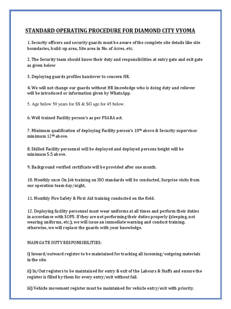 Standard Operating Procedure For Diamond City Vyoma PDF Security