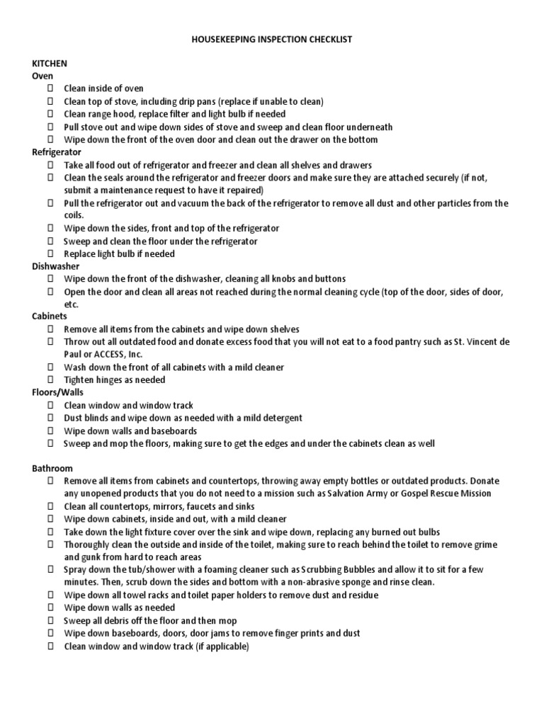 Housekeeping and Cleaning Inspection Checklist PDF Home Domestic Life