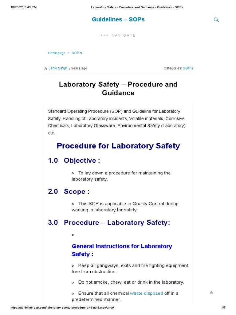 Laboratory Safety Procedure and Guidance Guidelines SOPs PDF