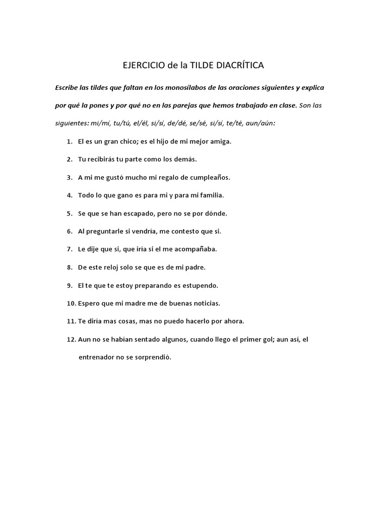 Tilde Diacritica Ejercicios para El Blog | PDF