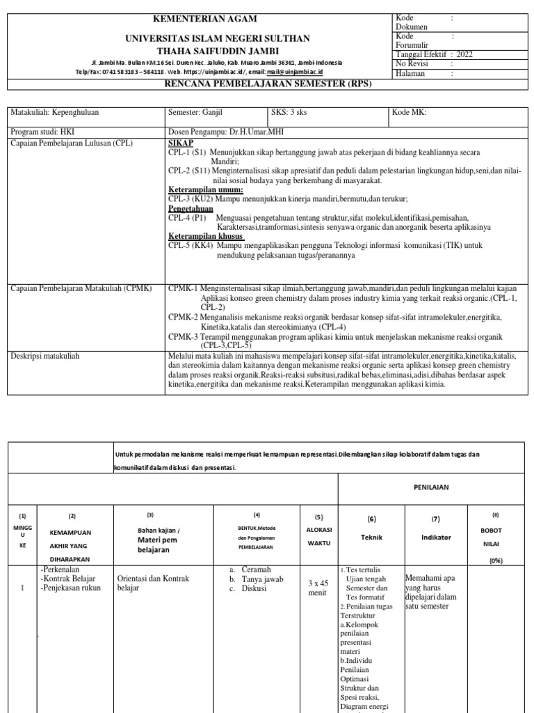 Contoh RPS Matakuliah Kepenghuluan | PDF