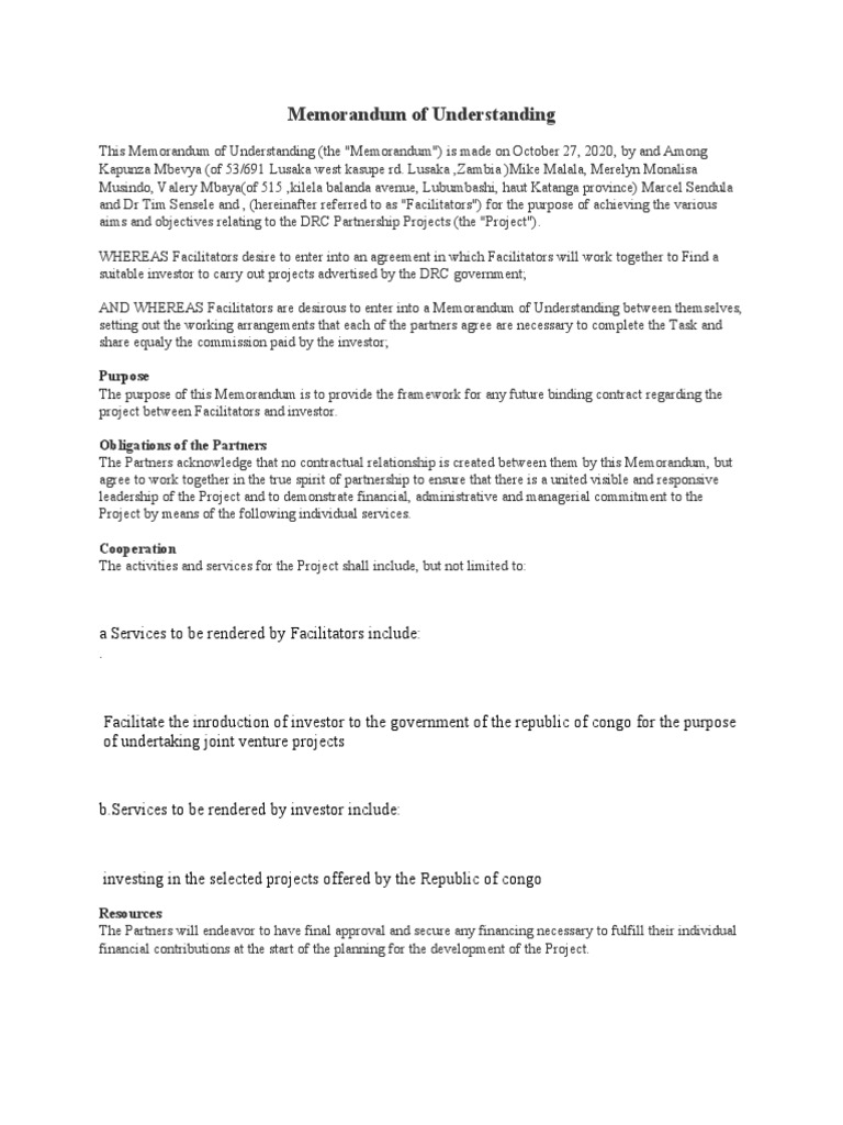 DRC Partnership Memorandum of Understanding | PDF | Business Law | Business