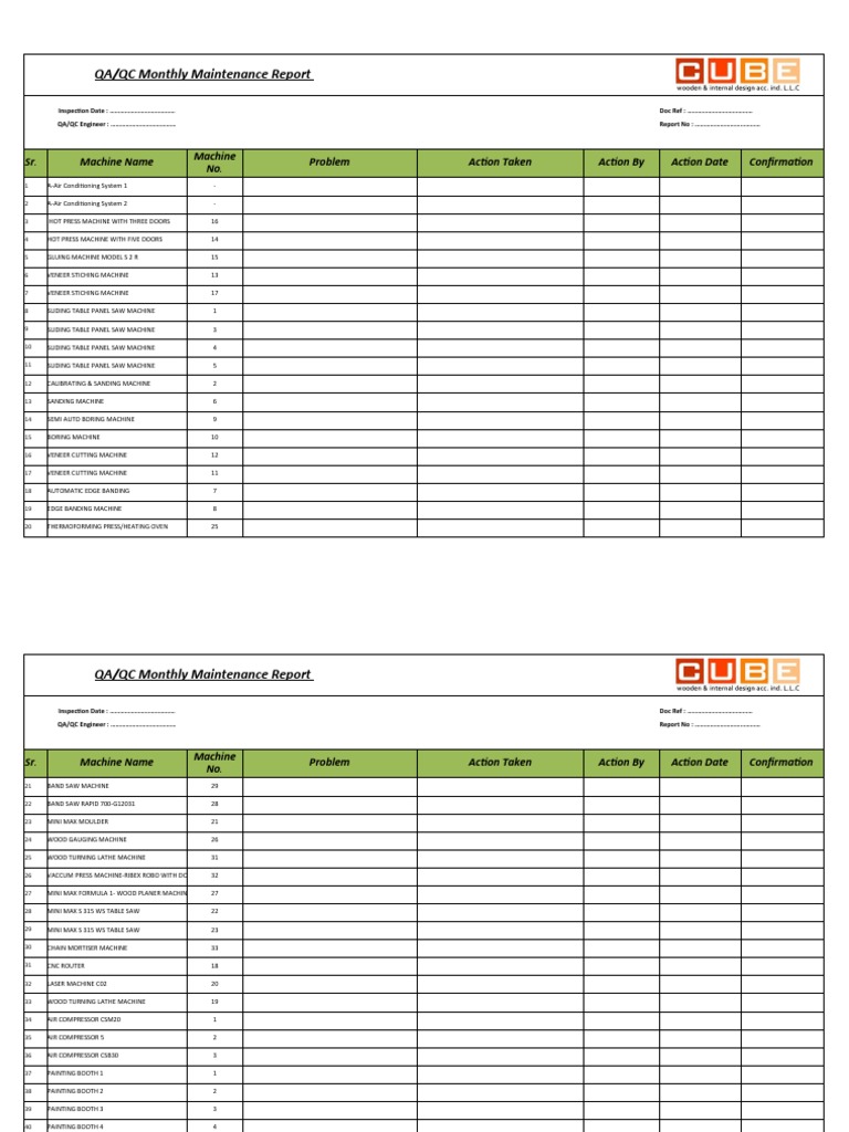 QAQC Monthly Maintenance Report (Form) | PDF | Equipment | Wood