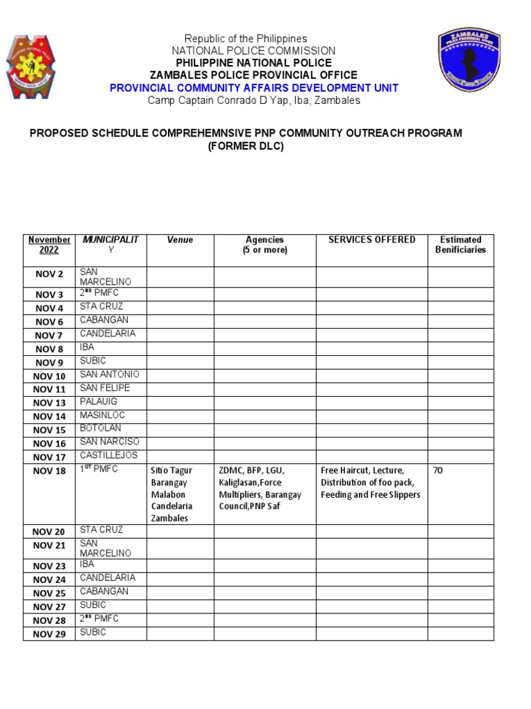 Zambales PNP Community Outreach Schedule | PDF