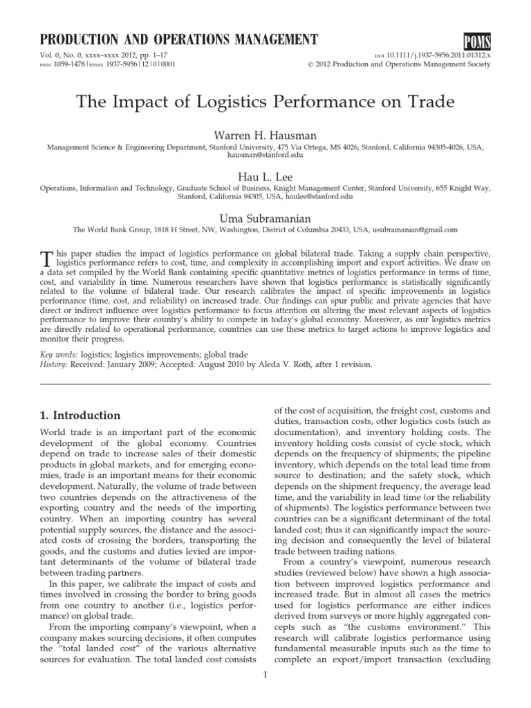 The Impact of Logistics Performance On Trade: Warren H. Hausman | PDF ...