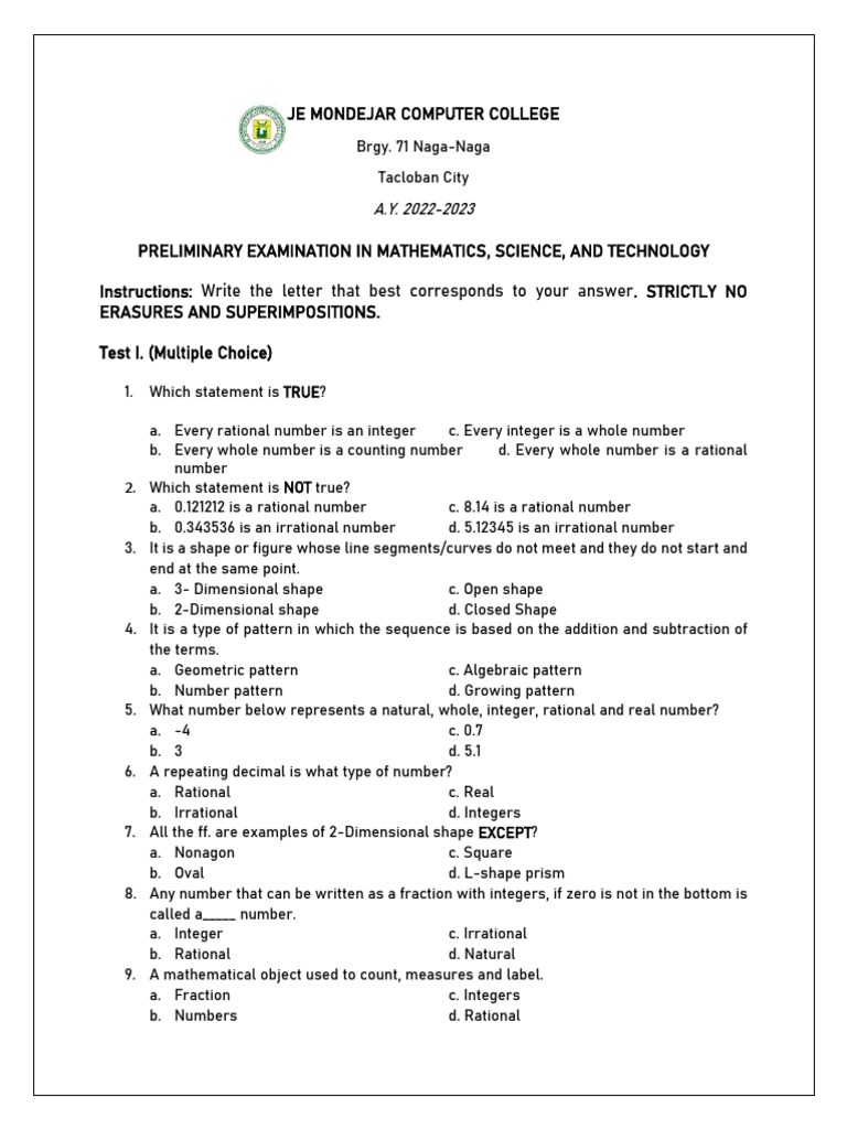 Preliminary Examination in Mathematics, Science, and Technology | PDF ...