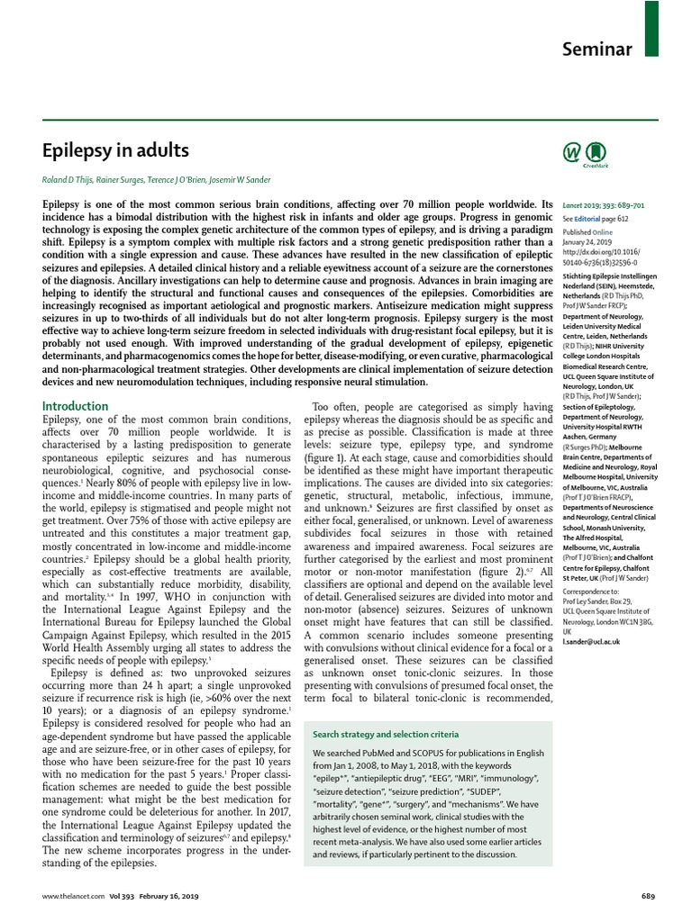 Epilepsy in Adults - Lancet 2019 | PDF | Epilepsy | Genetic Disorder