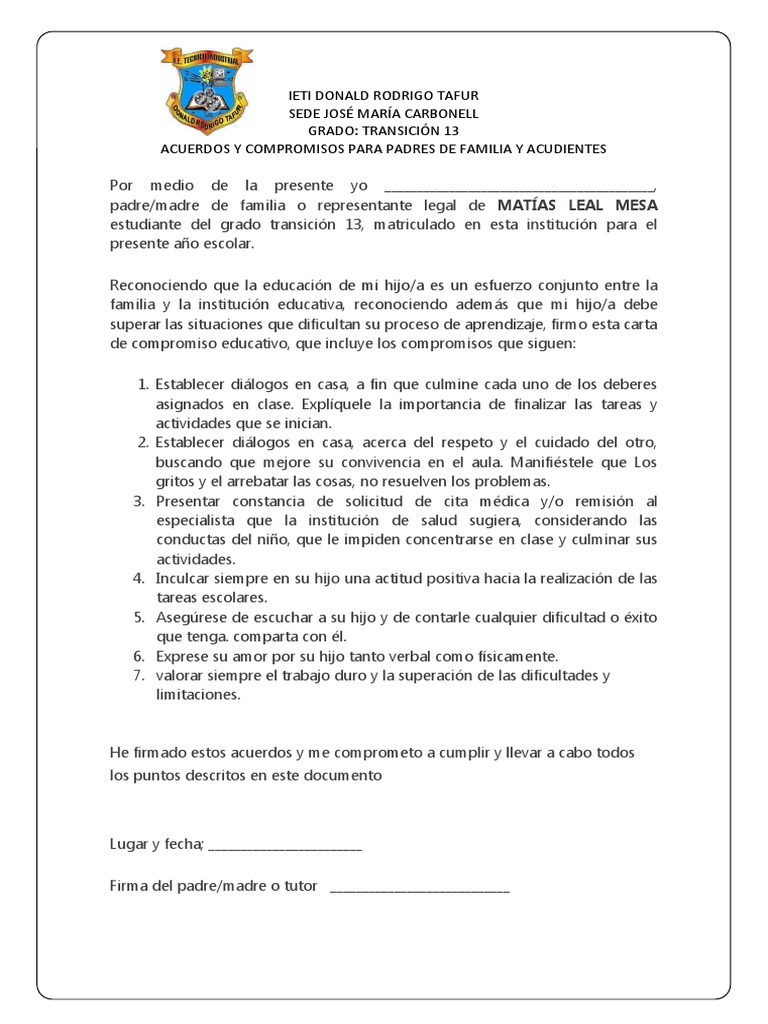 Compromiso Padres de Familia | PDF | Salón de clases | Aprendizaje