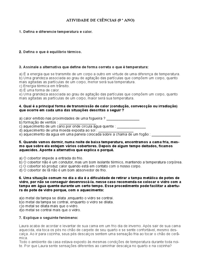 Atividade sobre Calor e Temperatura 9º Ano | PDF | Calor | Temperatura