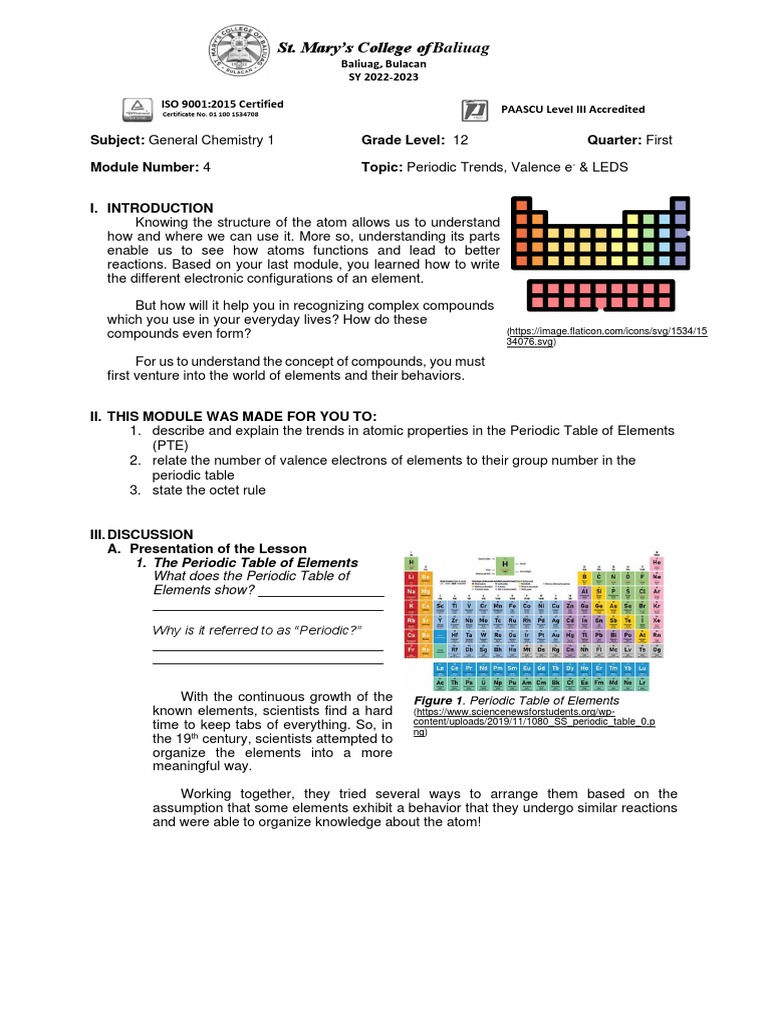 CHEM 1 MODULE 4 (Periodic Table, Valence, LEDS) PDF Periodic