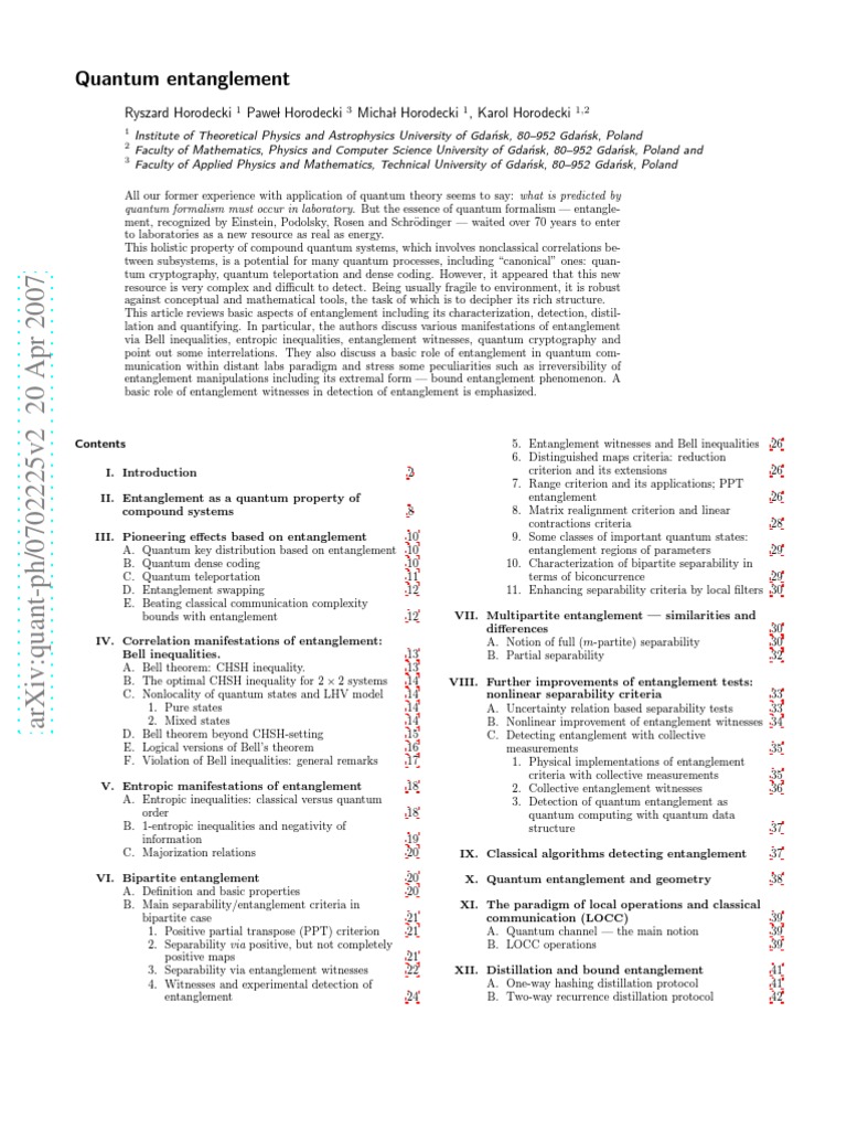 Horodecki's Quantum Entanglement Review | PDF | Quantum Entanglement ...