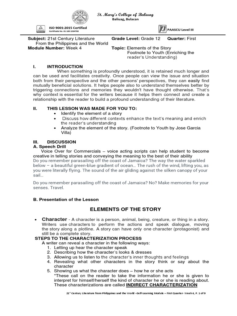 Elements of the Story: Analyzing Footnote to Youth | PDF | Narration ...
