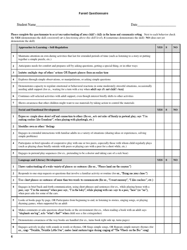 Parent Questionnaire For Development Progress PDF Emotional Self