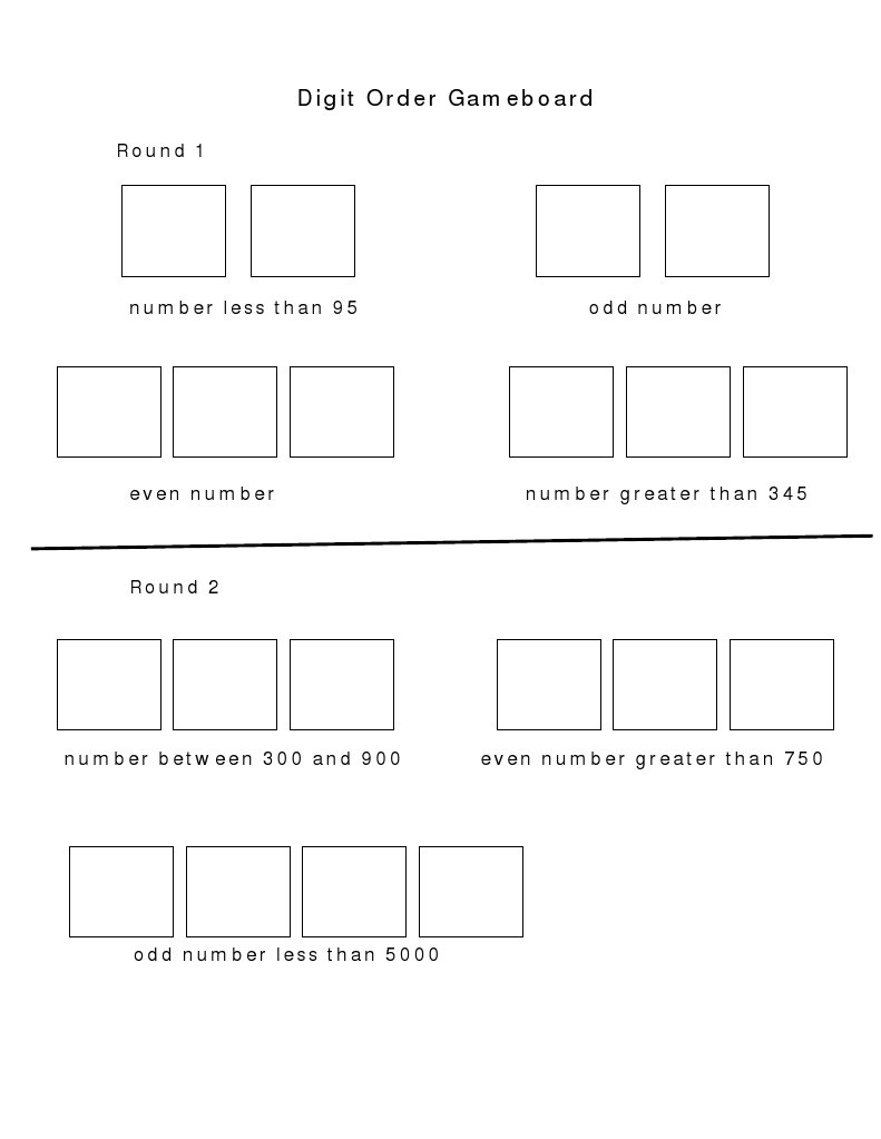 Digit Order Gameboard | PDF