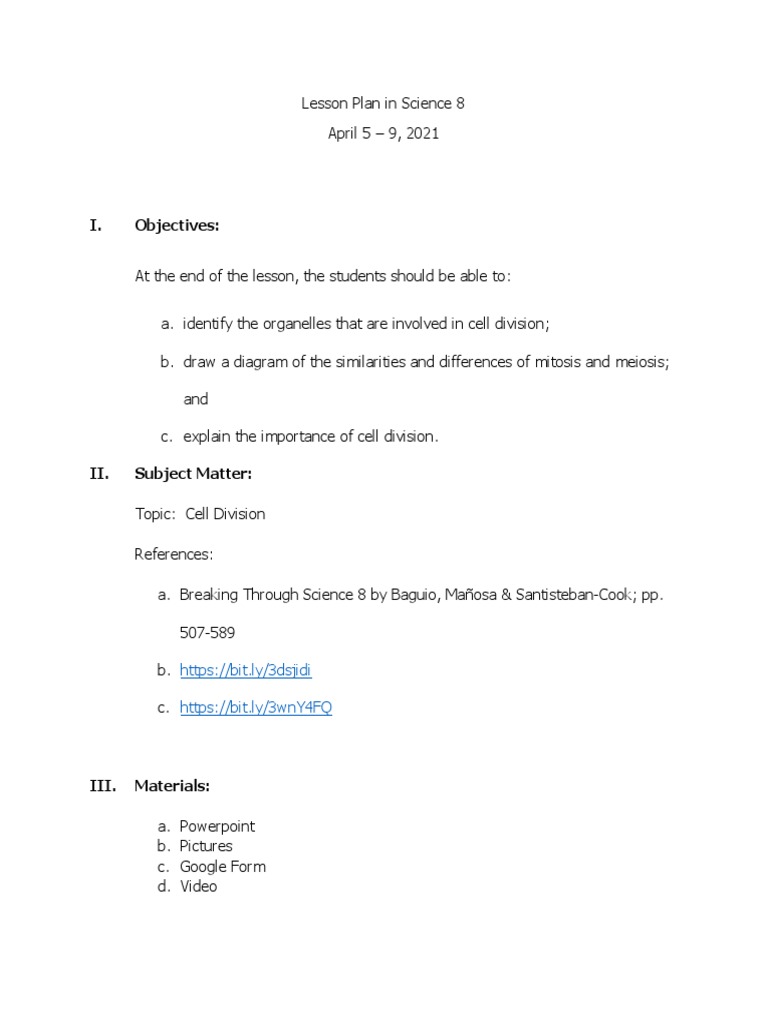 Grade 8 Cell Division Lesson Plan | PDF | Meiosis | Mitosis