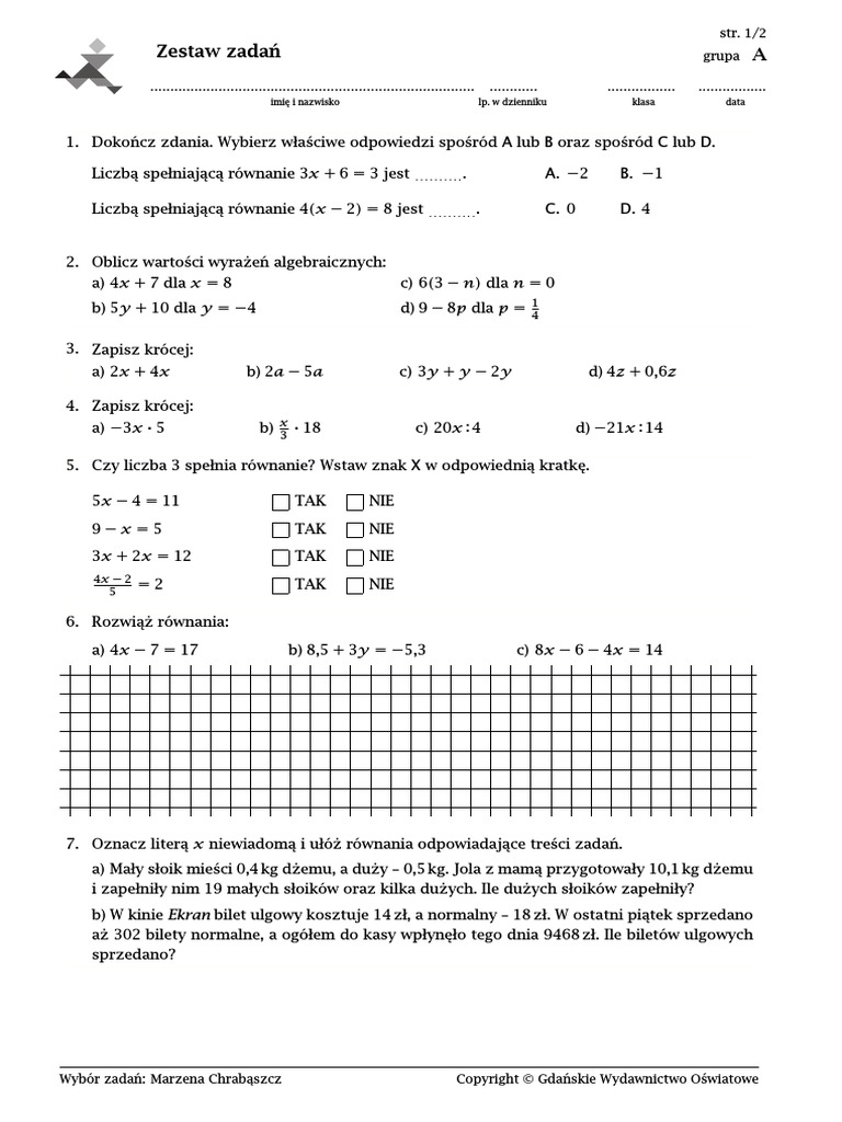 Wyrażenia Algebraiczne Kl 6 Wyrażenia Algebraiczne I Równania Kl. VI e | PDF