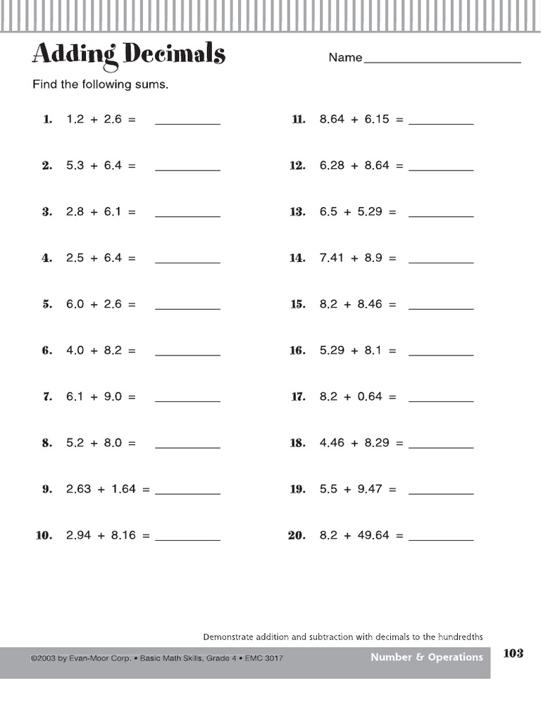 Adding decimals pdf
