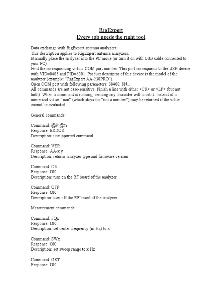 Rigexpert antenna analyzers data exchange and command reference pdf