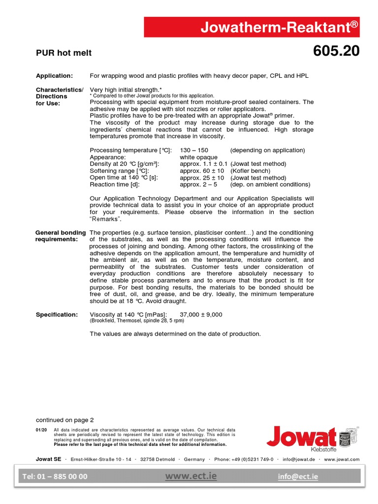 Jowat 60520 PUR Profile Wrapping ECT Adhesives PDF Adhesive