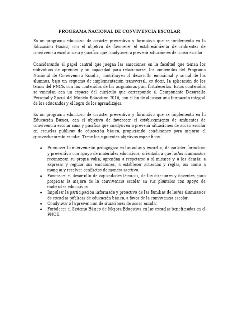 Programa Nacional de Convivencia Escolar | PDF | Salud y bienestar