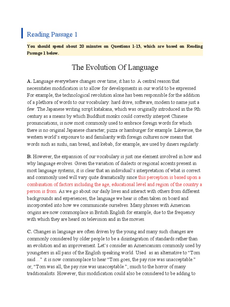 The Evolution of Language Reading Passage 1 PDF Intelligence Psychometrics