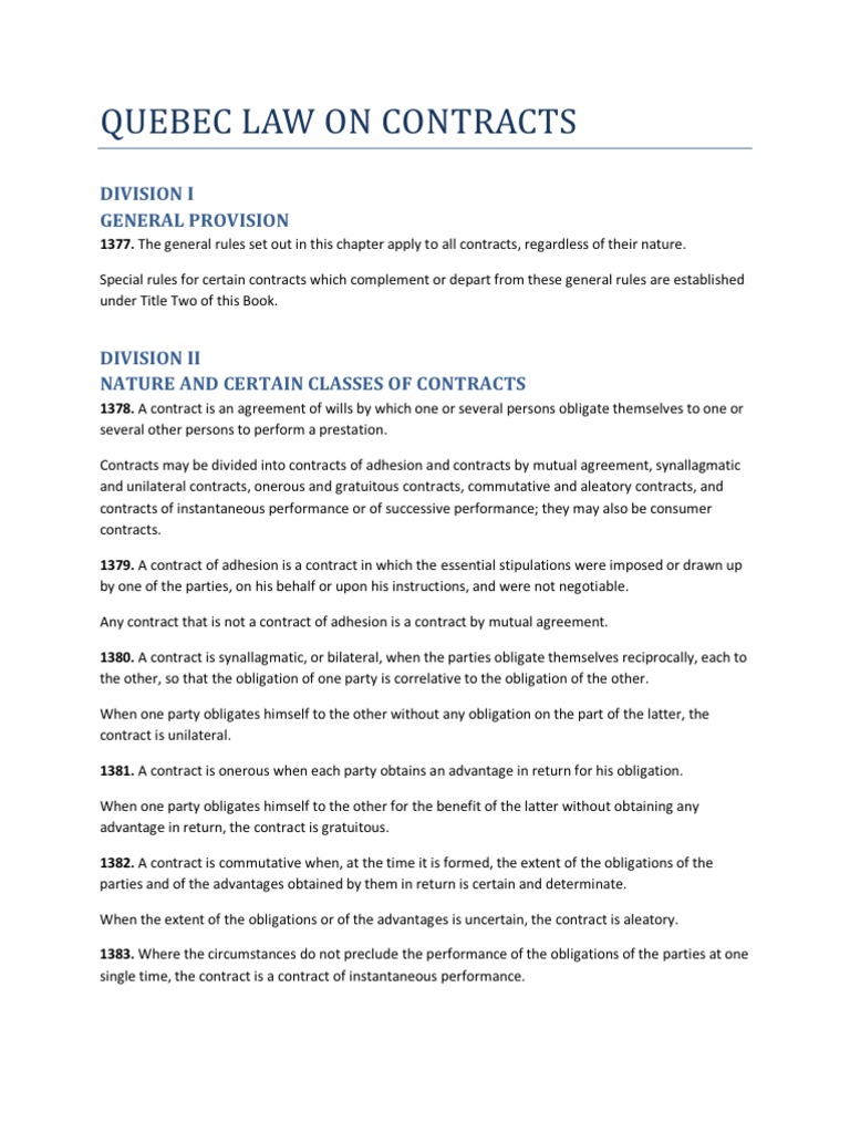 Quebec Law on Contracts Offer And Acceptance Private Law