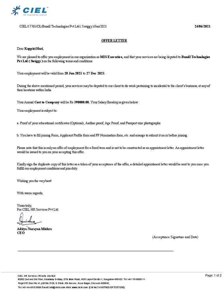 Swiggy Offer Letter for MIS Executive | PDF | Government | Economies