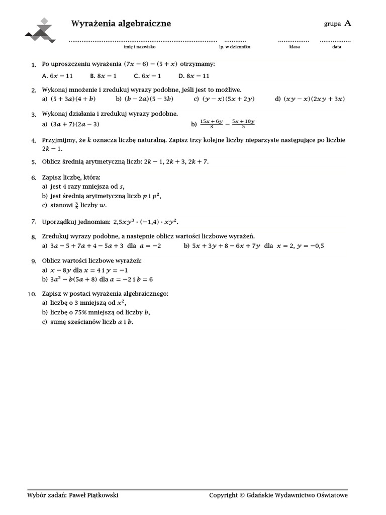 Sprawdzian Z Matematyki Klasa 7 Wyrażenia Algebraiczne