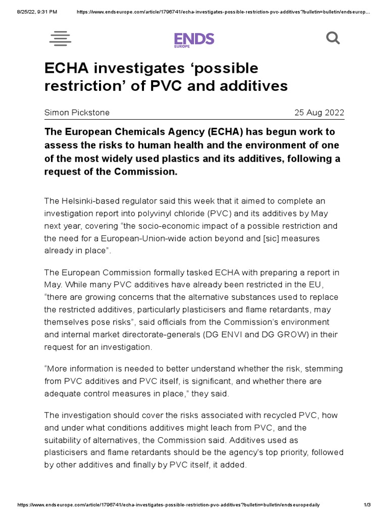 Echa Investigates Possible Restriction PVC Additives PDF Polyvinyl