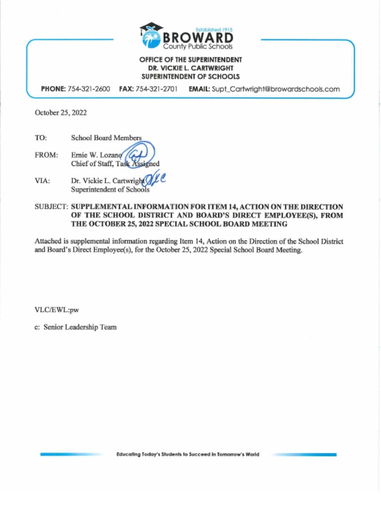 Broward County Public Schools Cartwright's Memo Defending Her Job