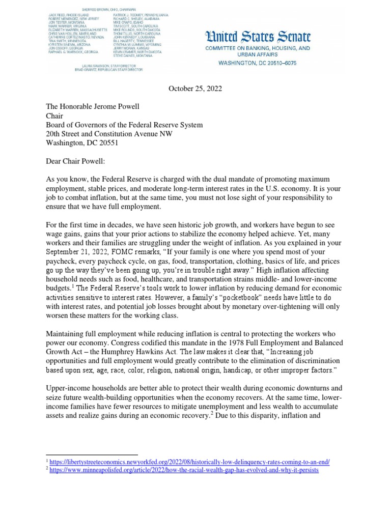 Fed Full Employment Letter | PDF | Inflation | Federal Reserve