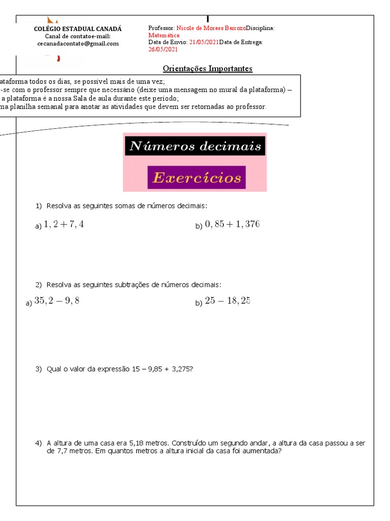 Exercícios de Matemática com Decimais | PDF