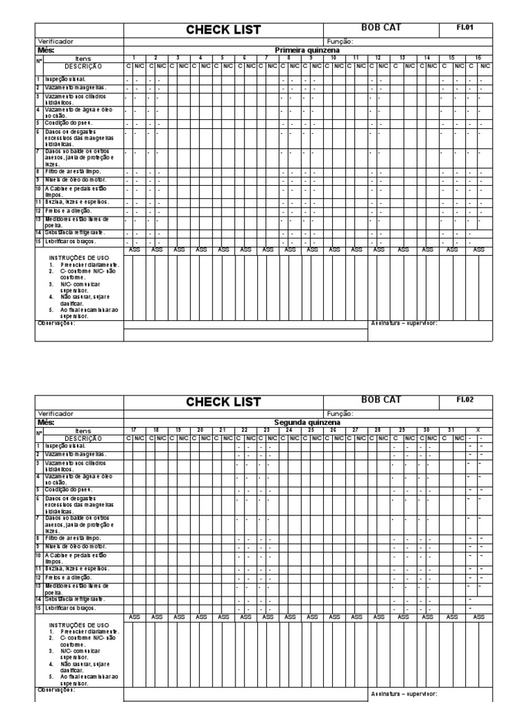 Checklist de inspeção quinzenal de equipamento Bob Cat | PDF