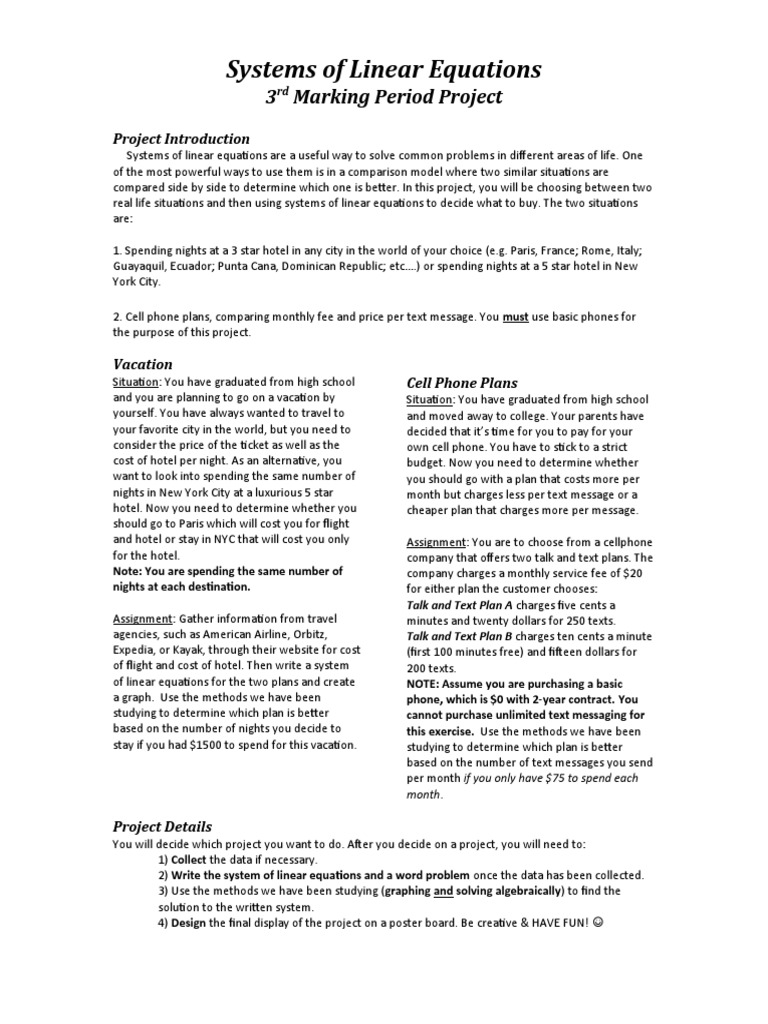 81 Systems of Linear Equations Project PDF Equations Mathematics