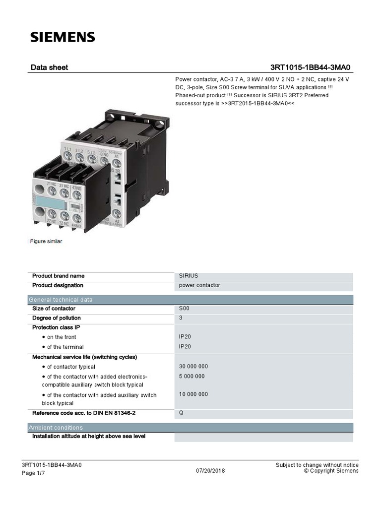 Data Sheet 3RT1015-1BB44-3MA0 | PDF | Fuse (Electrical) | Inductor