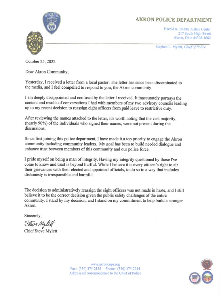 Letter To The Community From Akron Police Chief Steve Mylett | PDF