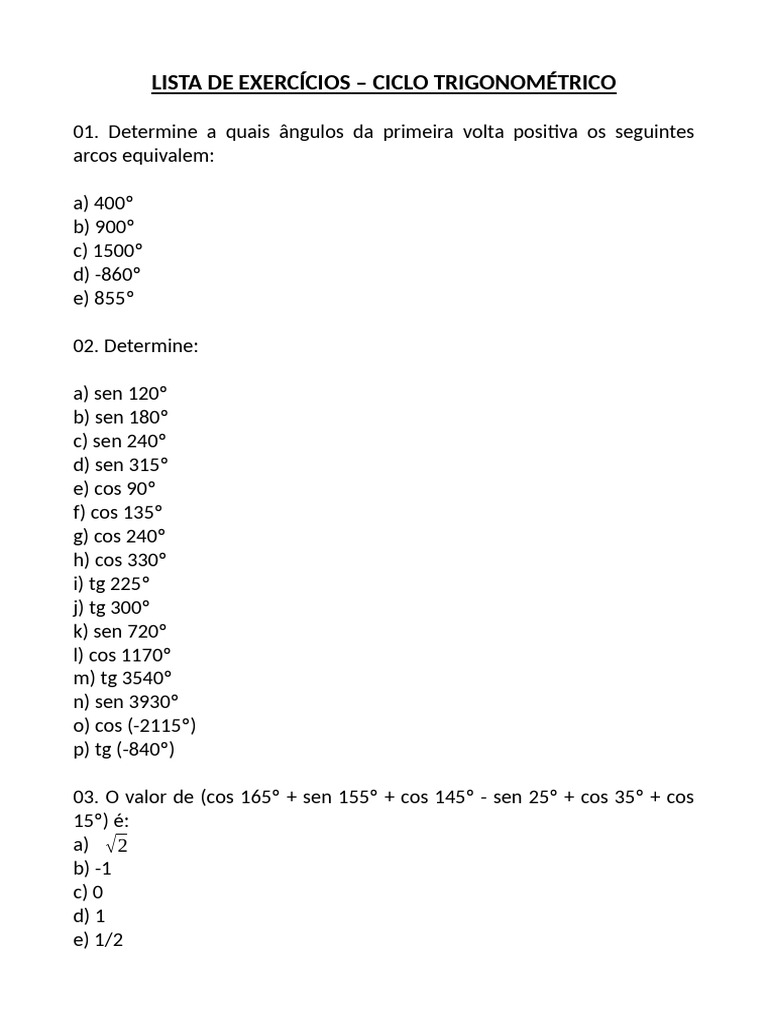 Lista de exercícios sobre funções trigonométricas do ciclo ...