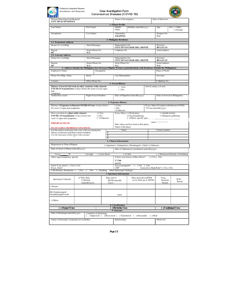 Coronavirus Disease (COVID-19) : Case Investigation Form | PDF ...