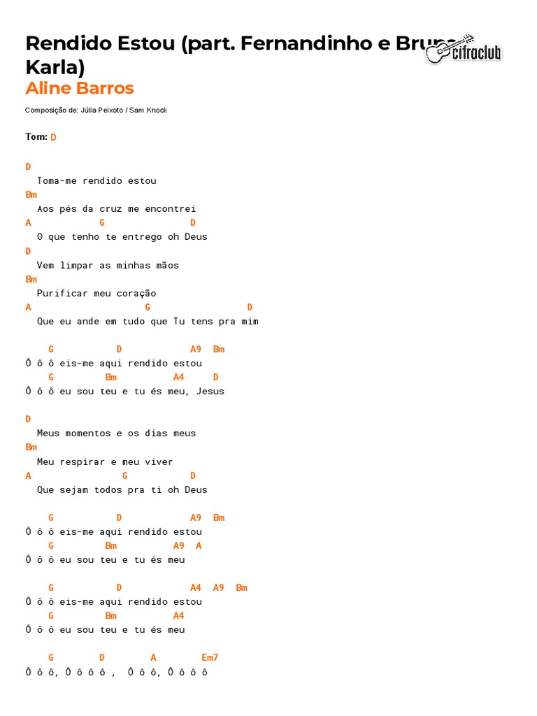 Cifra Club Aline Barros Rendido Estou (Part. Fernandinho e Bruna