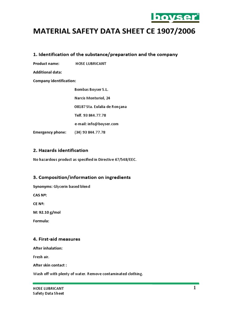 Boyser Lubricant Safety Data Sheet Ce 1907 PDF Personal Protective