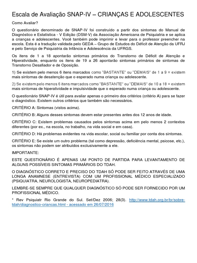 SNAP-IV: Avaliação TDAH Crianças | PDF