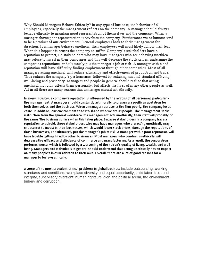 Why Should Managers Behave Ethically PDF Reputation Employment